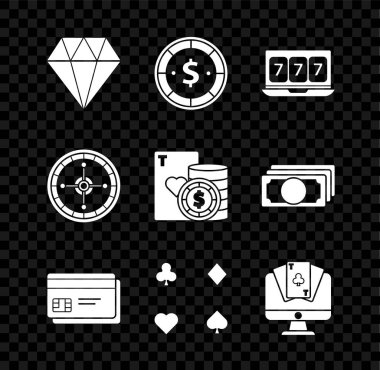 Online kumar makinesiyle Diamond Kumarhanesi çipini kur şanslı yediler büyük ikramiye kredi kartı poker masası ruleti oynuyor ve ikon oynuyor. Vektör.