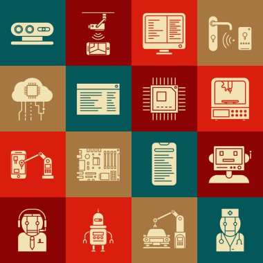 Robot doktor 3D yazıcı monitörü bilgisayar ekranı Software web geliştirici programlama kodları 3d tarama sistemi ve işlemci ile mikro devre işlemci simgesini ayarla. Vektör.