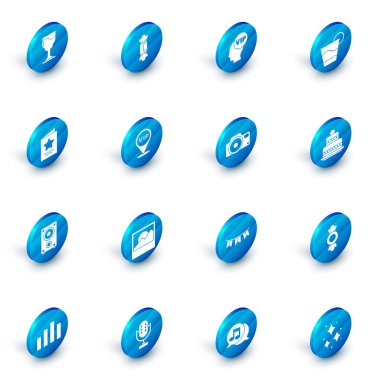 Candy Vip 'i baş Cocktail tebrik kartı Stereo hoparlörü konum keki ve fotoğraf makinesi simgesi içinde ayarla. Vektör.