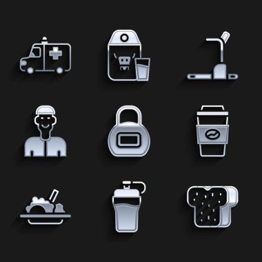 Kettlebell Fitness Titreşimli Ekmek Tostu Kahve fincanı, sağlıklı gıda, koşu bandı, ambulans ve acil durum ikonu. Vektör.