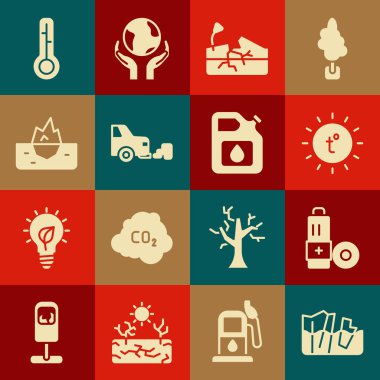 Buzulları eriten Batarya Güneşi Deprem Arabası Iceberg Meteoroloji termometresi ve teneke kutuyu benzin ikonu olarak ayarla. Vektör.