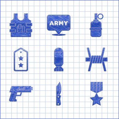 Havacılık bombası, askeri bıçak ödülü, dikenli tel, tabanca, el bombası ve kurşun geçirmez yelek ikonu. Vektör.