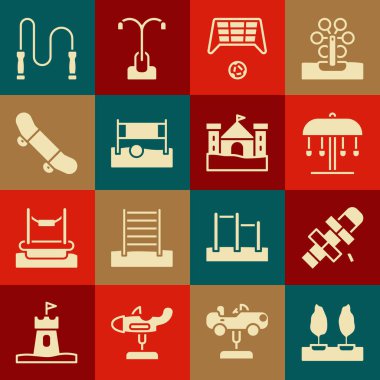 Forest Hopscotch Attraction atlıkarınca futbol golünü voleybol topu kaykay hilesi ip atlama ve kum kale ikonu ile ayarla. Vektör.