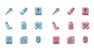 Tıp kitabı, ilaç şişesi, şırınga, serum, çapraz bandaj, sıva ve merhem tüpü ikonu hazırla. Vektör.
