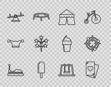 Çizgi çizgisi çarpışan araba oyun kartı sirki çadırı dondurma tahterevalli havai fişek salıncak ve hedef sporu yarışma ikonu için. Vektör.