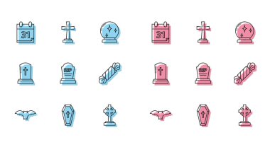 Uçan yarasa tabutu ile Hıristiyan çapraz takvimi cadılar bayramı tarihi 31 Ekim Tombstone RIP Şeker ve ikonu. Vektör.