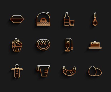 Bayram zencefilli kurabiye adam kurabiyesi ölçme kabı Makarna kruvasan tavuk yumurta kraker yığını krep ve Blender ikonu. Vektör.