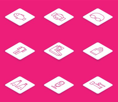 Balık Dalgıcı gözlüğü ve yüzme tulumu dalış botu botları lastik yüzgeçler ve ölçü simgesi için kapak ayarla. Vektör.