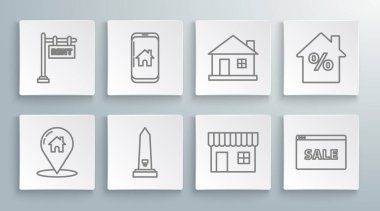 Ev telefonu akıllı ev telefonu, Washington anıtı alışveriş binası ya da market mağazası işaretli Online Satış Evi indirimli etiketi ve Kira ikonu ile hat haritası işaretleyicisi ayarla. Vektör.