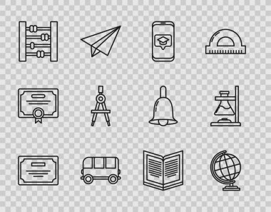 Sertifika sertifikası, akıllı telefon okul otobüsü abaküs açık pusula çizim kitabı ve cam tüp ateş ikonu üzerindeki dünya küresi derecelendirme başlığını ayarlayın. Vektör.