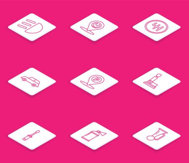 Yüksek Işın Araç Hizmeti Vites Değiştirme Konumu 'nu park koltuğu tornavida ve boya spreyi ikonu ile ayarla. Vektör.