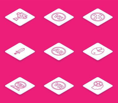 Artırılmış realite bilgisayar oyunu fare oyunu simülatör yarış kokpiti ve sanal gözlük ikonu için ödül kupası Gamepad Sword 'a karşı savaşını ayarla. Vektör.