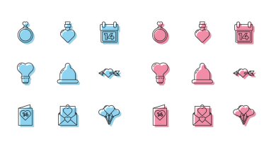 Sevgililer Günü broşüründe kalp zarfı, balon, kondom aşkı ve ok şeklinde ok şeklinde kalp şeklinde ampul ve şişe şeklinde aşk ikonu koyun. Vektör.
