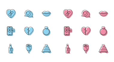 Şampanyayı hazırla. Çiçek şişesi kırık kalbi iyileştirdi. Kırık yüzüklü düğün pastası, mobil ve kalp konuşma balonu ikonu. Vektör.