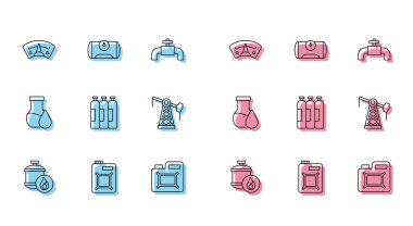 Motor yağı motorlu motor yağı deposu için propan gazı tüpü ayarlayın. Sanayi silindiri pompası, kriko benzin test tüpü ve gaz aracı ikonu. Vektör.