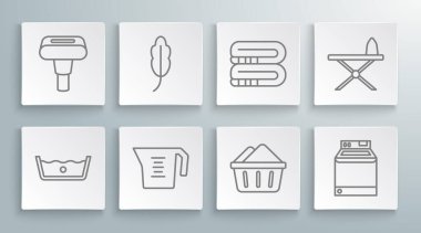 Hat Temizleme Tüyü Ölçme kabını sabun köpüğü, ütü masası ve giysi buharı ikonu ile sabitleyin. Vektör.