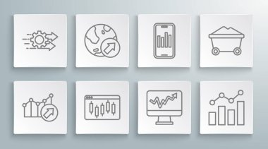 Borsa Monitor grafik grafiği Mobil Kömür madeni tramvayı ve Zaman yönetimi ikonu ile Finansal Büyüme Tarayıcısını ayarlayın. Vektör.