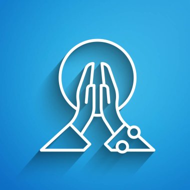 Beyaz çizgi meditasyon simgesi mavi arkaplanda izole edildi. Uzun gölge. Vektör.