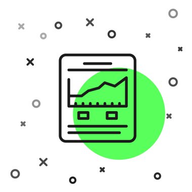 Borsa büyüme grafikleri ve para ikonu beyaz arka planda izole edilmiş kara hat web sitesi. Ekranda ok grafikleri olan bir monitör. Vektör.