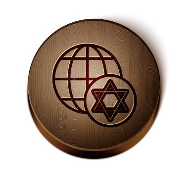 Kahverengi çizgi Dünya Küresi ve İsrail ikonu beyaz arka planda izole edildi. Tahta daire düğmesi. Vektör.