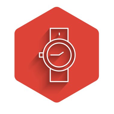 Beyaz çizgi bilek saat ikonu uzun gölgeli izole. Kol saati simgesi. Kırmızı altıgen düğmesi. Vektör.