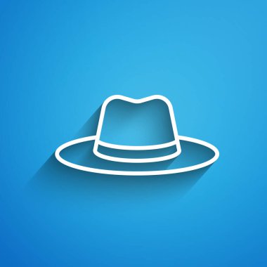Mavi arka planda şerit ikonu olan beyaz çizgi adamı şapkası. Uzun gölge. Vektör.