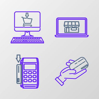 Ekran dizüstü bilgisayarı ve sepet bilgisayar simgesine yerleştirilmiş Pos terminali ile insan elini ayarlayın. Vektör.
