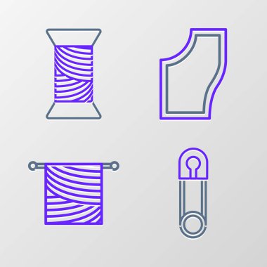 Klasik kapalı çelik güvenlik iğnesi örgü dikiş deseni ve ipliği makara simgesine yerleştir. Vektör.