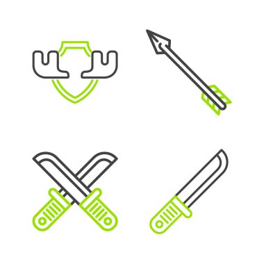 Avcı bıçağı ile avcı hippi okunu ve geyik boynuzlarını kalkan simgesine yerleştir. Vektör.