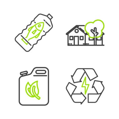 Bataryayı geri dönüşüm sembolü olan biyo yakıt teneke kutu çevre dostu ev ve okyanus plastik kirliliği ikonuna göre ayarla. Vektör.