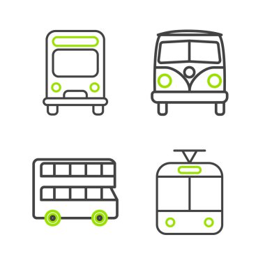 Tramvay ve demiryolu çift katlı otobüs Retro minivan ve otobüs simgesini ayarlayın. Vektör.