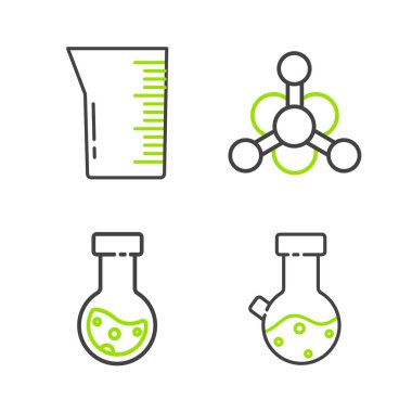 Çizgi test tüpü ve matara kimyasal bakteri ve laboratuvar cam süslemesi ya da beher ikonu hazırlayın. Vektör.