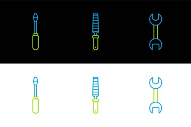 Çizgi anahtarı tornavida ve keski aracını tahta simgesi için ayarla. Vektör.