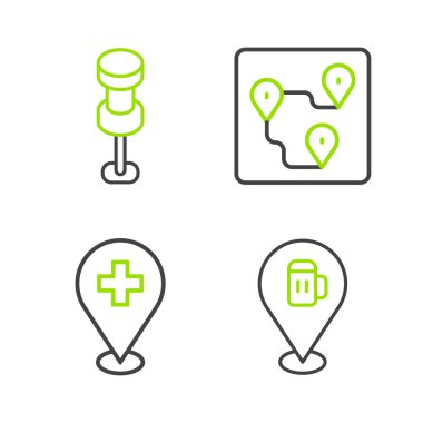 Alkol ya da bira barının yerini belirle. Rotası kesişen ve iğne simgesi olan sağlık ekibi. Vektör.