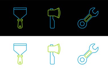 Çizgi anahtarı macun bıçağı ve tahta balta ikonunu yerleştir. Vektör.