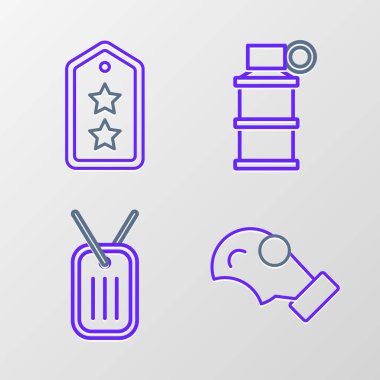 Gaz maskesi, askeri künye, el bombası ve rütbe ikonu. Vektör.