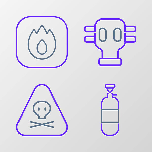 Set line Propane gas tank Triangle warning toxic Gas mask and Fire flame icon. Vector.