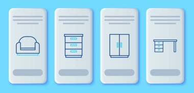 Mobilya komodini, klozet koltuğunu ve ofis masa ikonunu ayarla. Vektör.