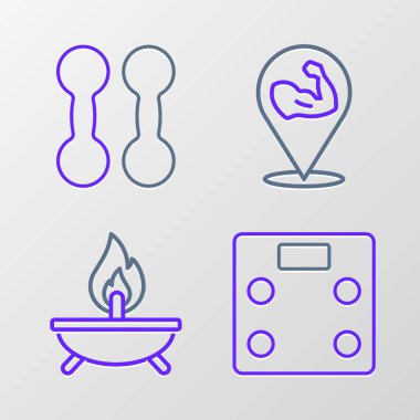 Banyo ölçeklerini ayarla Aroma mum vücut geliştirici kas ve Dumbbell ikonu. Vektör.