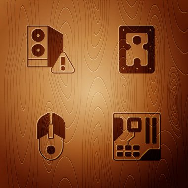 Anakart dijital çipi, Bilgisayar Kutusu, Bilgisayar faresi ve Sabit disk sürücüsü HDD 'sini tahta arka planda ayarla. Vektör.