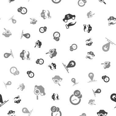 Set Car kiralama zamanı, para konumu ve kusursuz şablon paylaşımı. Vektör.