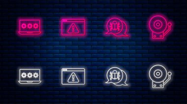 Satır Tarayıcısını ünlem işareti, sistem hatası, dizüstü bilgisayar şifresi ve alarm ziliyle ayarla. Tuğla duvarda parlayan neon simgesi. Vektör.