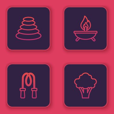 Sıraya dizilmiş taşlar, atlama halatı, Aroma mumu ve brokoli. Mavi kare düğme. Vektör.