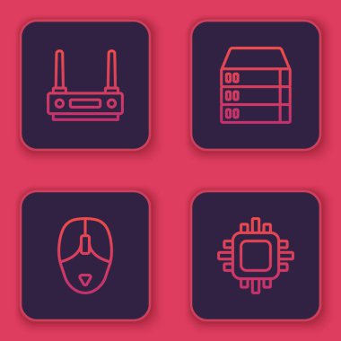 Yönlendirici ve kablosuz ağ sinyali, Bilgisayar faresi, Sunucu, Data, Web sunucusu ve işlemciyi işlemci ile ayarla. Mavi kare düğme. Vektör.