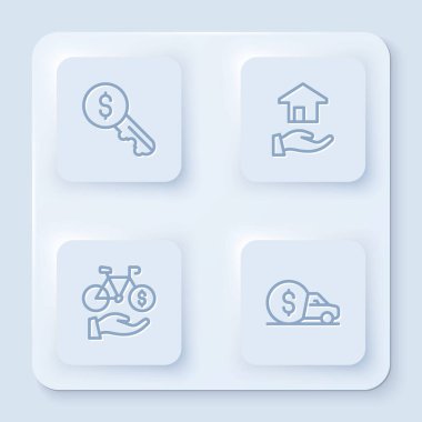 Kiralık anahtar emlakçısı, bisiklet kiralama mobil uygulaması ve araba ayarlayın. Beyaz kare düğme. Vektör.