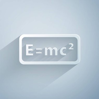 Kağıt kesme denklem çözeltisinin matematik sistemi simgesi gri arkaplanda izole edildi. E eşittir bilgisayar ekranında mc kare denklemi. Kağıt sanatı tarzı. Vektör.