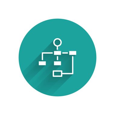 Beyaz İş Hiyerarşisi organizogram grafiksel bilgi ikonu uzun gölge arkaplanı ile izole edildi. Kurumsal yapı grafik elementleri. Yeşil daire düğmesi. Vektör.