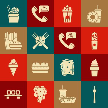 Dondurmayı waffle külahında, patlamış mısırlı karton kutuda, çapraz çatallı burgerde ve patates kızartması kartonunda Asya usulü erişte, kağıt çubuklar ve pizza siparişi ikonunda hazırla. Vektör.