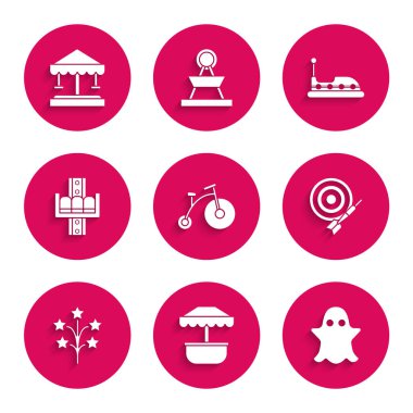 Antika bisikleti büyük bir tekerlek ve küçük bir Cazibe Atlıkarınca Klasik Dart tahtası oku Havai fişek Bumper ve ikonu ile ayarla. Vektör.