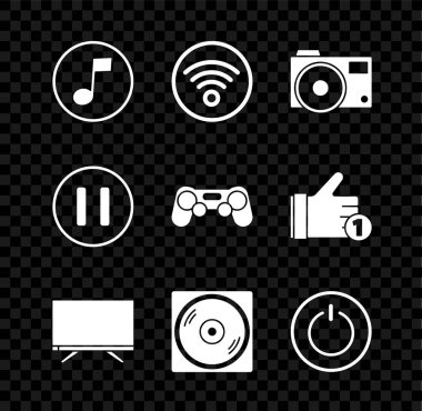 Müzik notası tonunu ayarla kablosuz internet ağı Fotoğraf makinesi Smart Tv disk Power Stop ve Gamepad simgesi. Vektör.
